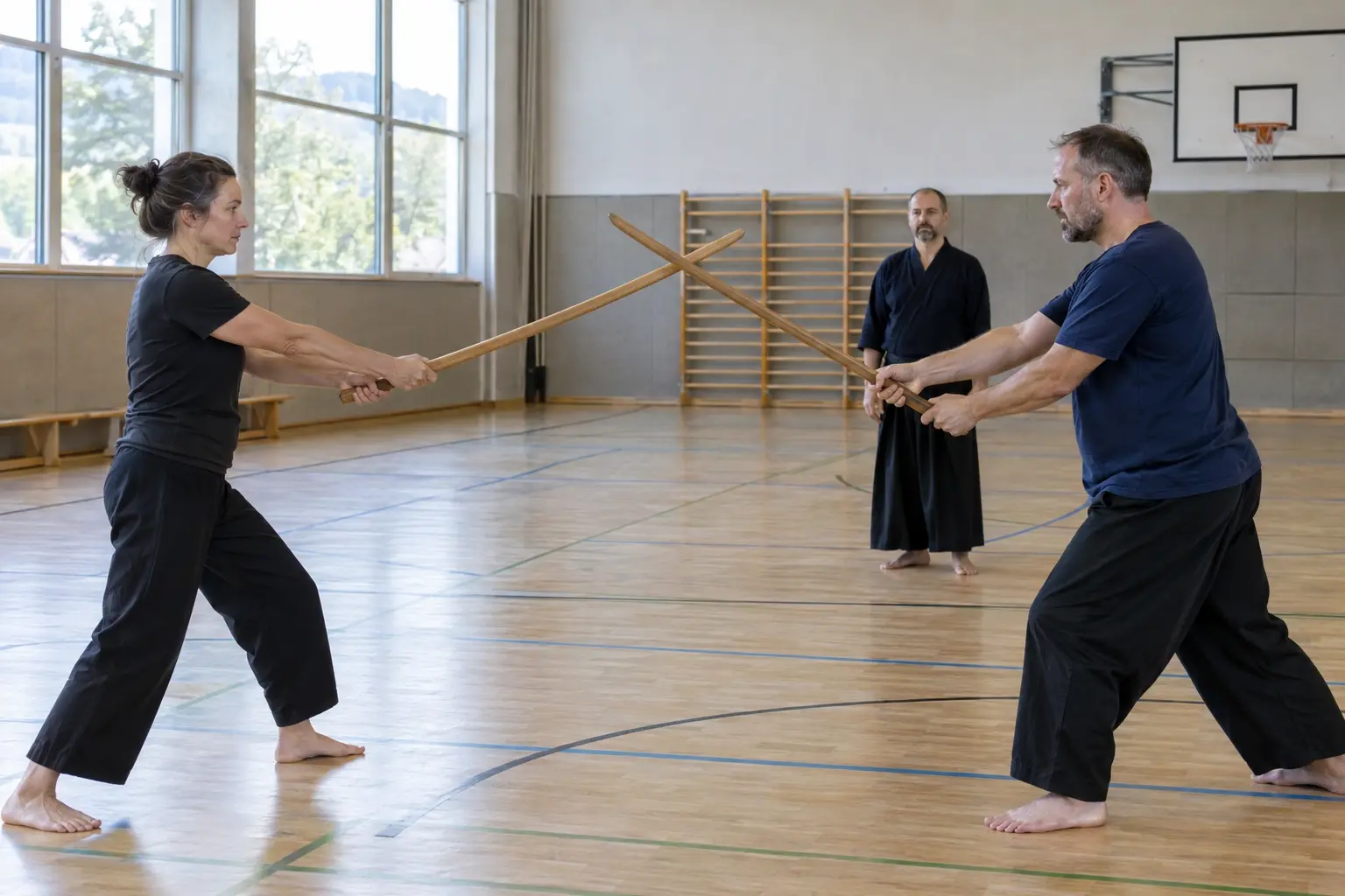 Erwachsene üben Kenjutsu mit Holzschwertern in einem schlichten Turnsaal